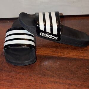 Adidas Black and White Striped Slides